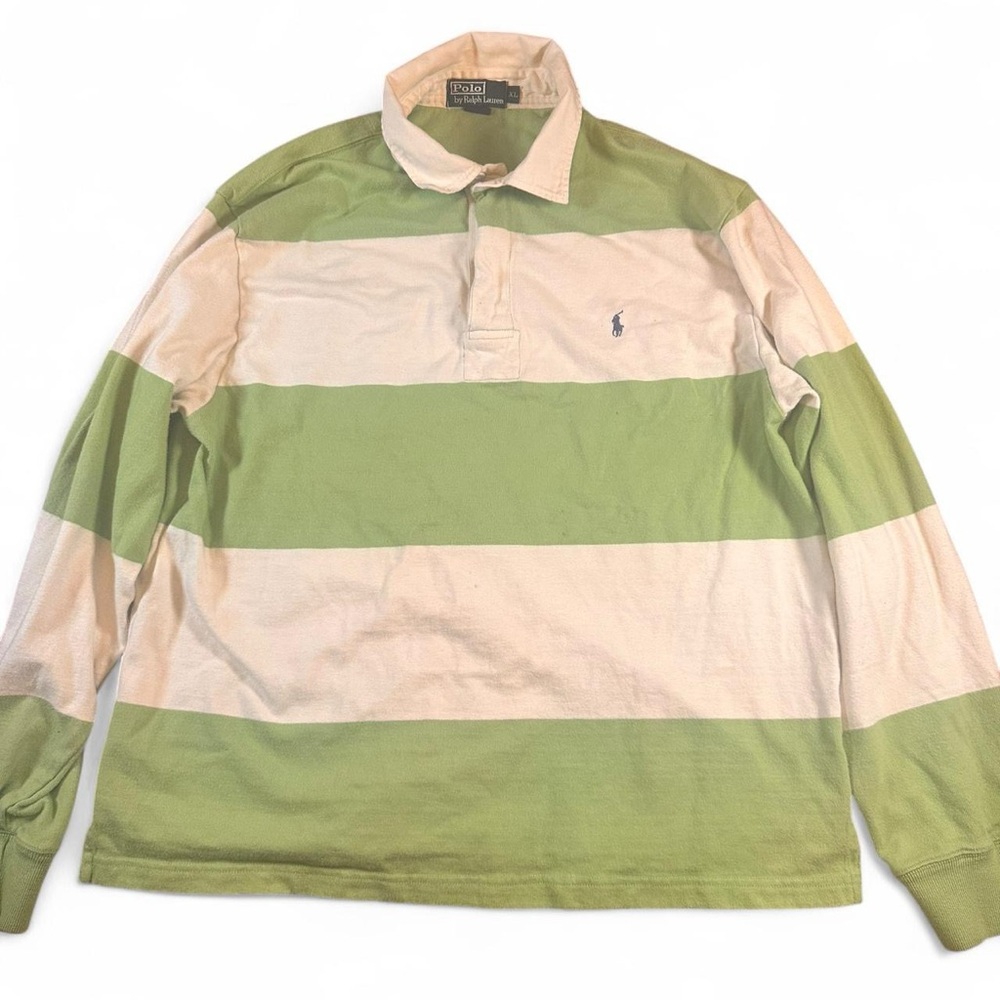 Polo Ralph Lauren Men’s Green White Striped Rugby 1/4 Zip‎ Size XL